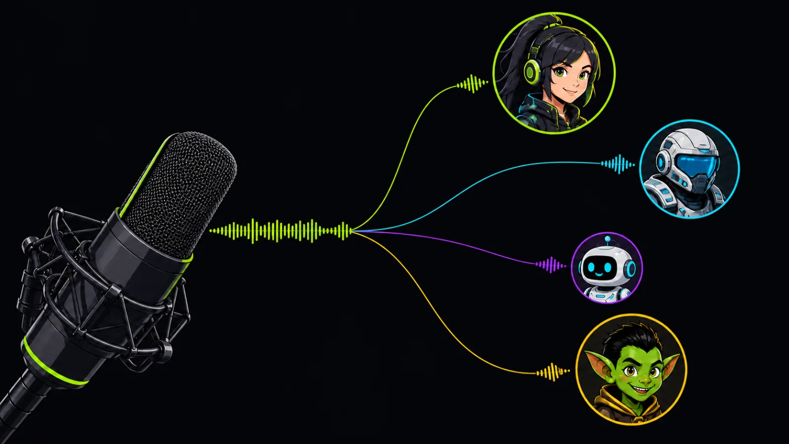 A creator switching between several AI voices live while speaking into a microphone