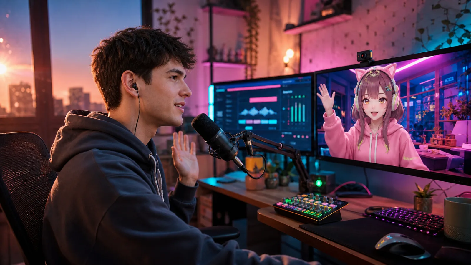 A creator using a changed voice while streaming with a VTuber avatar